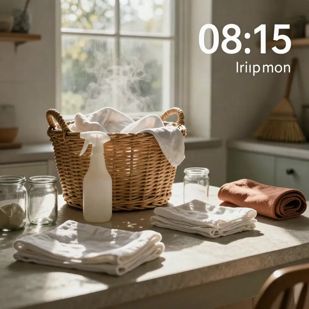 Cucina italiana luminosa con cesto di biancheria, spray opaco, barattoli e panni umidi