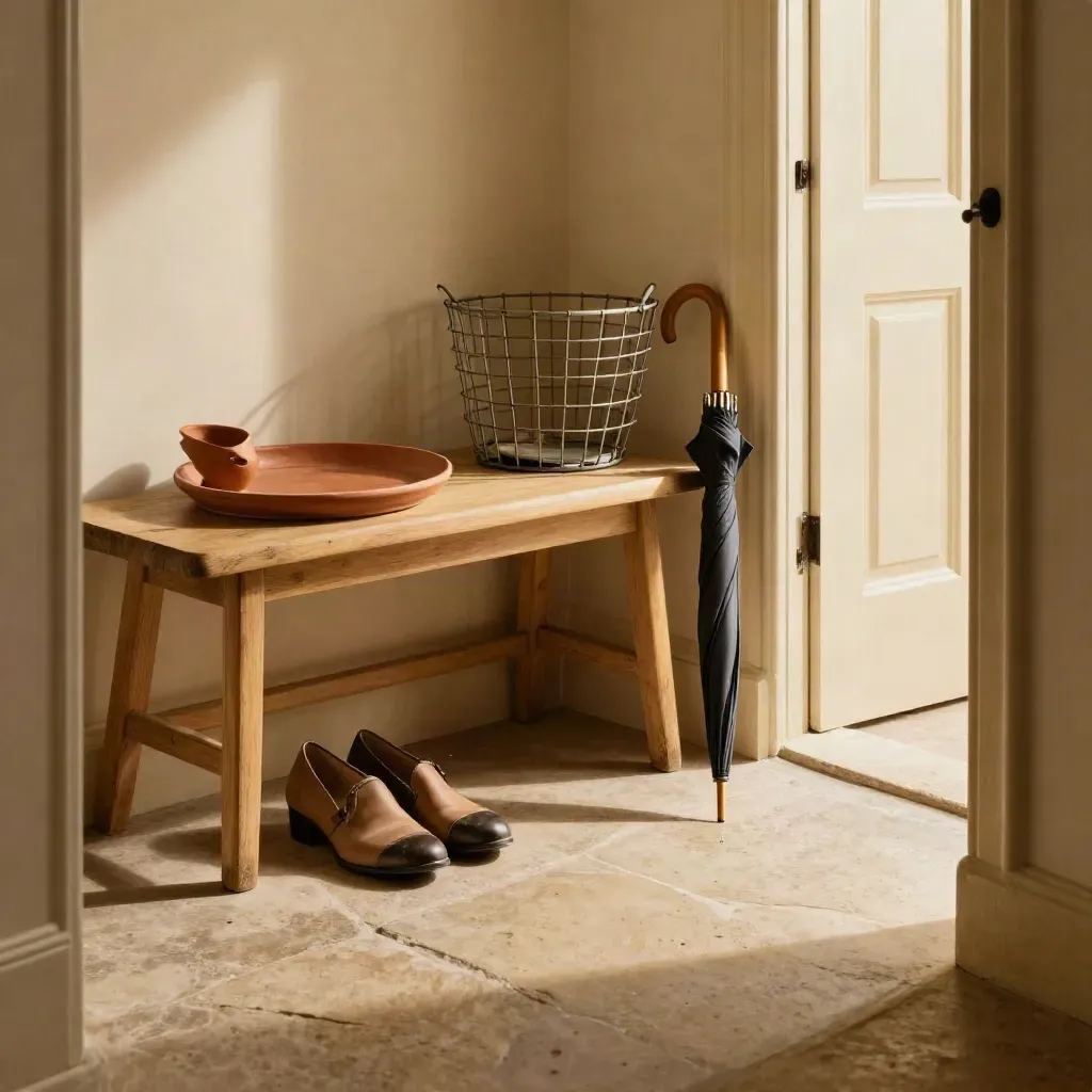 Ingresso ordinato con panca, scarpe allineate, vassoio terracotta e ombrello appoggiato.