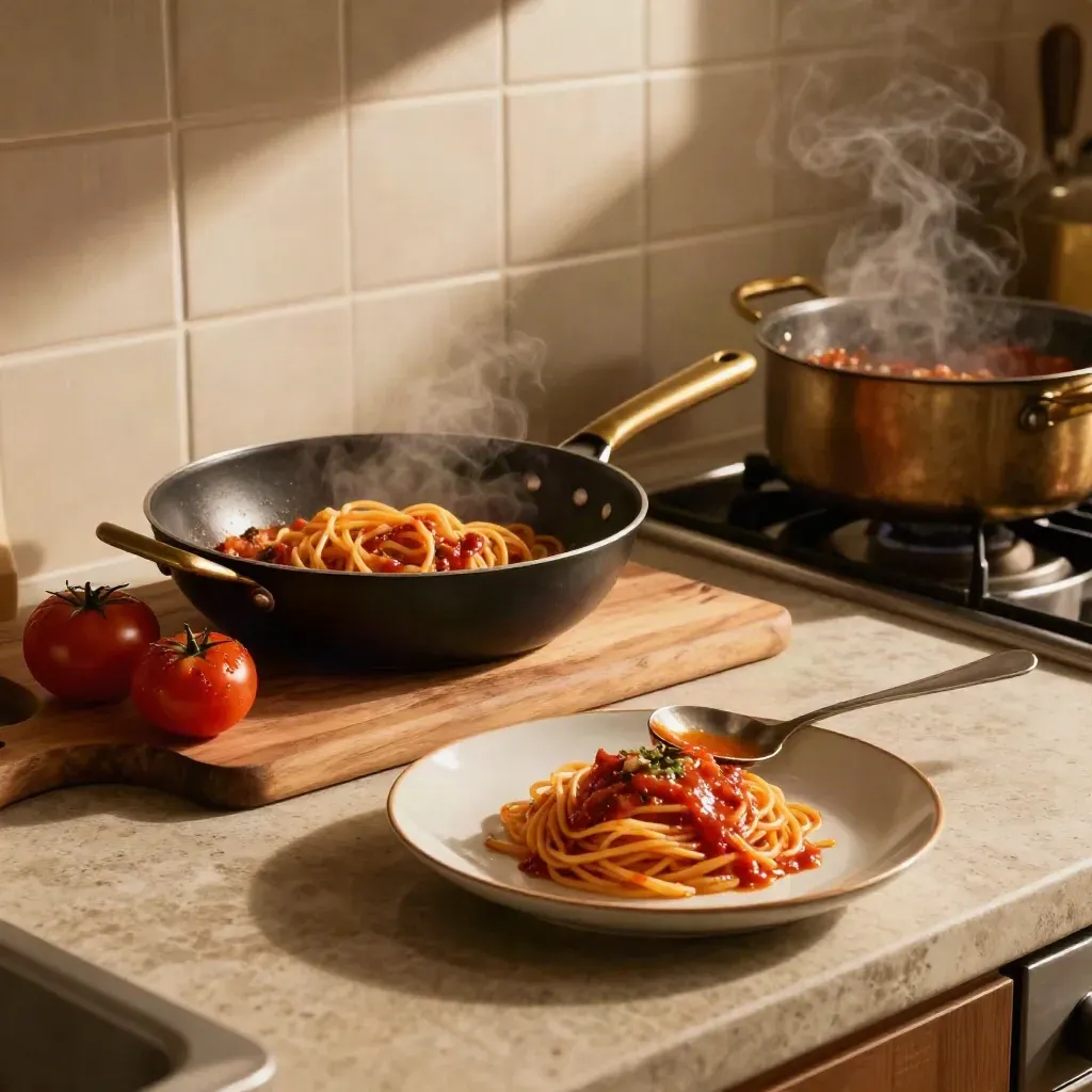 Cucina italiana con pasta scolata, padella bassa e piatto pronto tra vapore e luce calda.