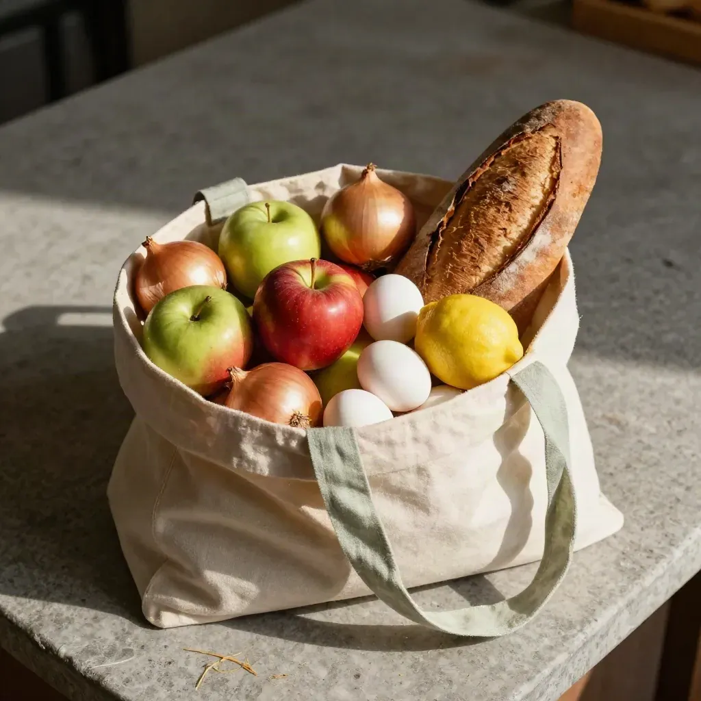 Borsa di tela aperta con mele, cipolle, pane, limoni e uova su pietra.