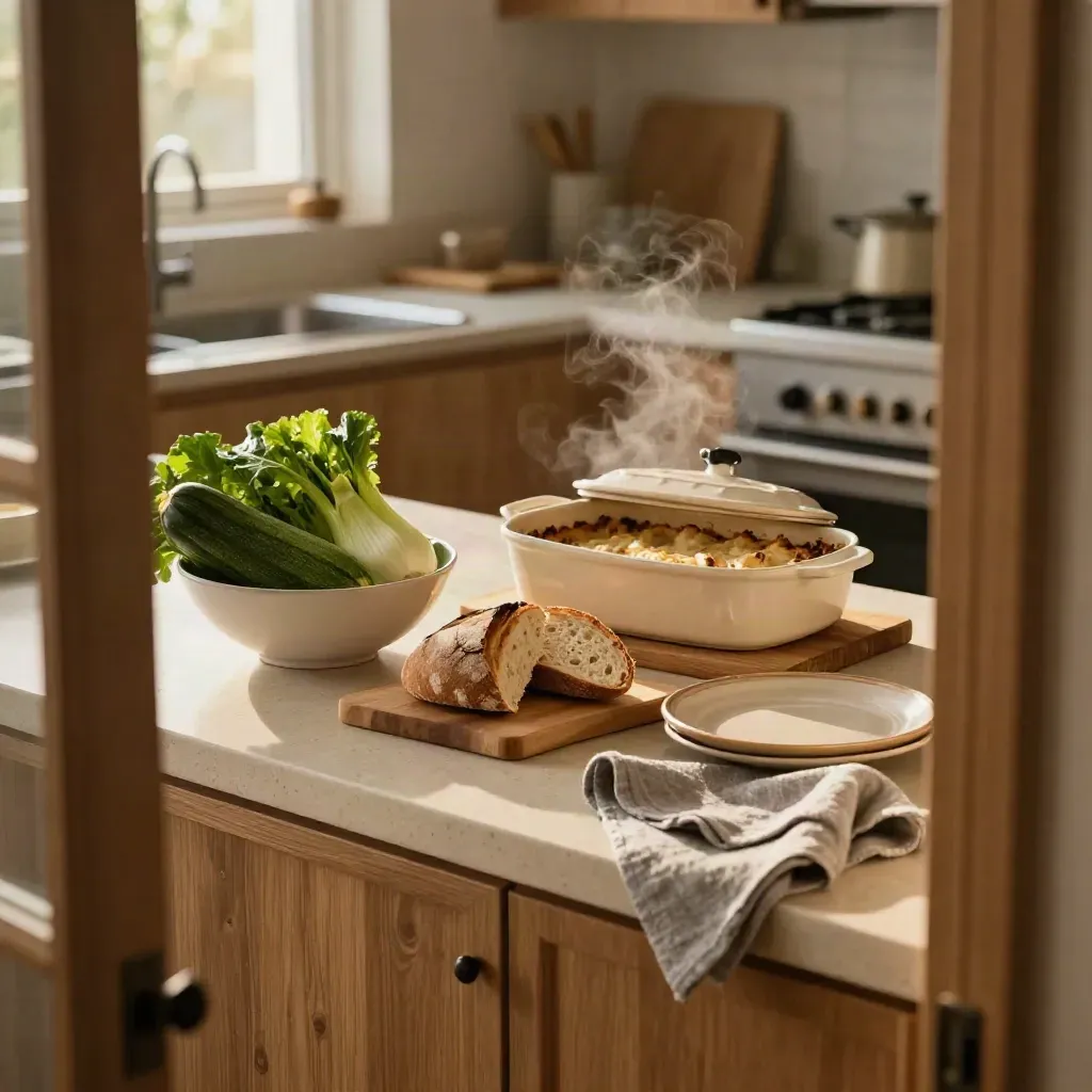 Piano cucina del lunedì con verdure lavate, casseruola, pane, piatto e canovaccio in luce del mattino.