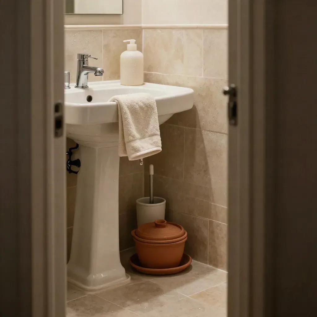 Bagno piccolo ordinato con asciugamano piegato, flacone opaco e cestino chiuso vicino al lavabo.