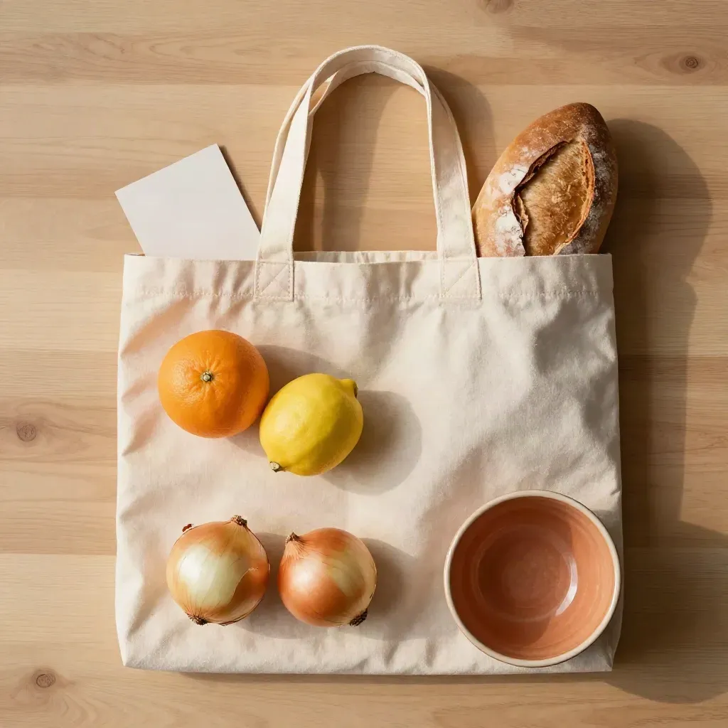 Flatlay dall'alto con borsa in tela, agrumi, cipolle, pane e ciotola su legno chiaro.