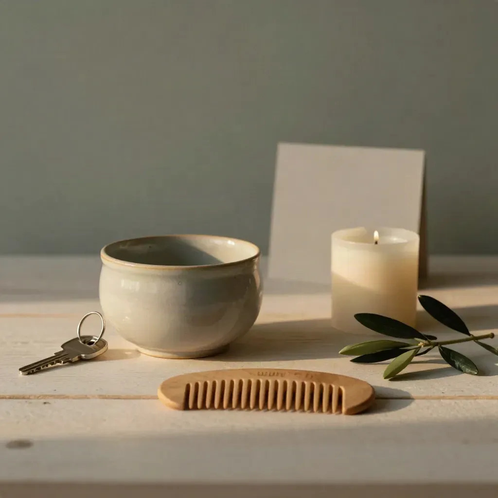 Vassoio ceramico, chiavi, candela spenta, pettine e rametto d’olivo su legno chiaro.